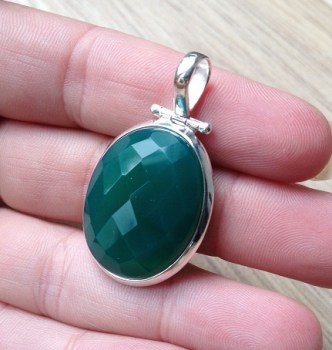 Zilveren edelsteen hanger met ovale facet groene Onyx